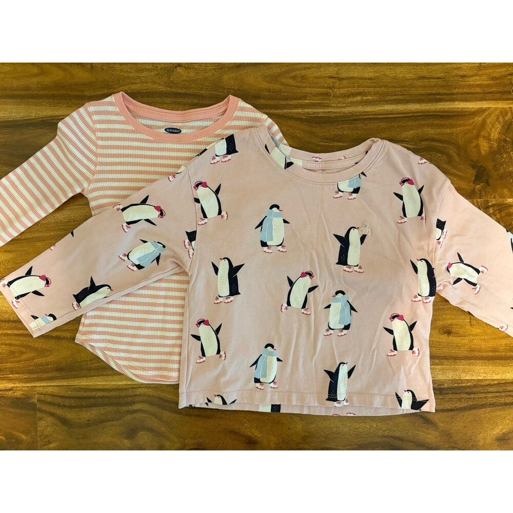 Baby Gap/Old Navy Long Sleeve Shirt Bundle, Pink Stripes and Penguins, Size 5T